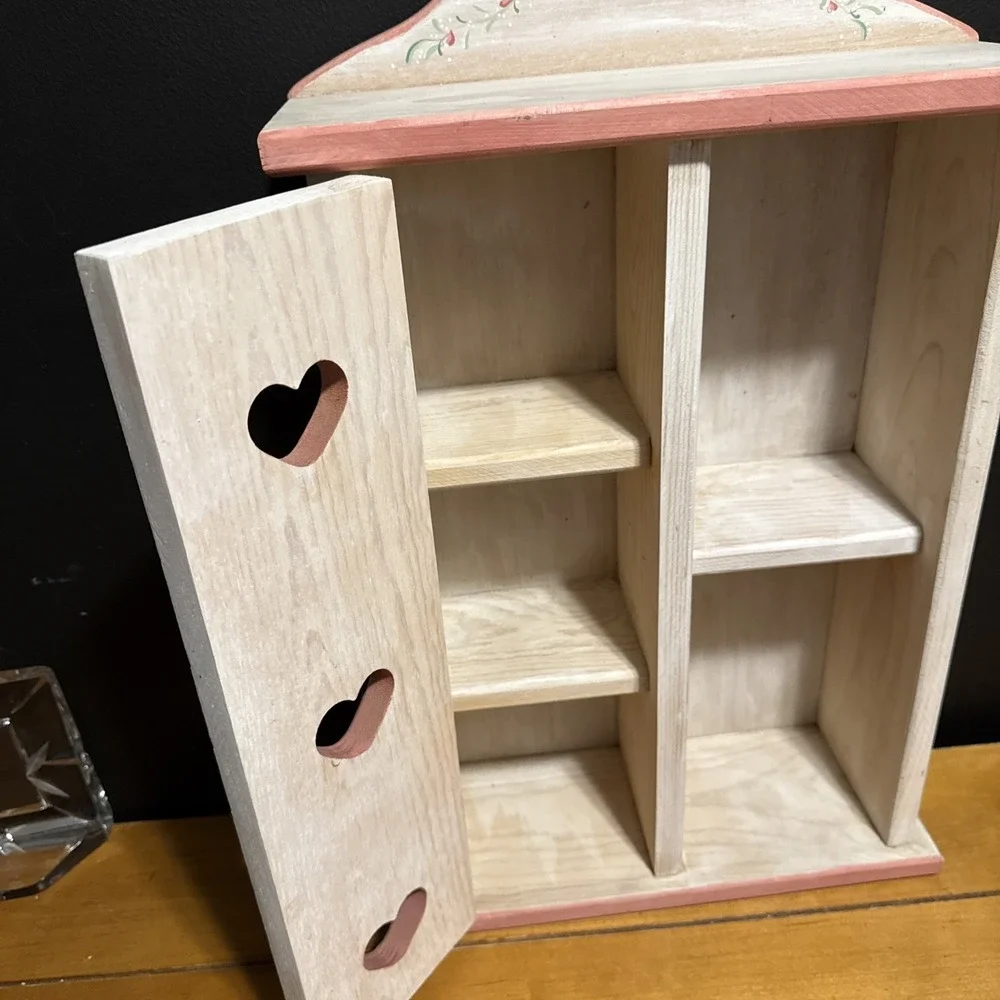 Vintage Pink And White Heart Cutout Wood Storage Hutch  Shelf Cottagecore